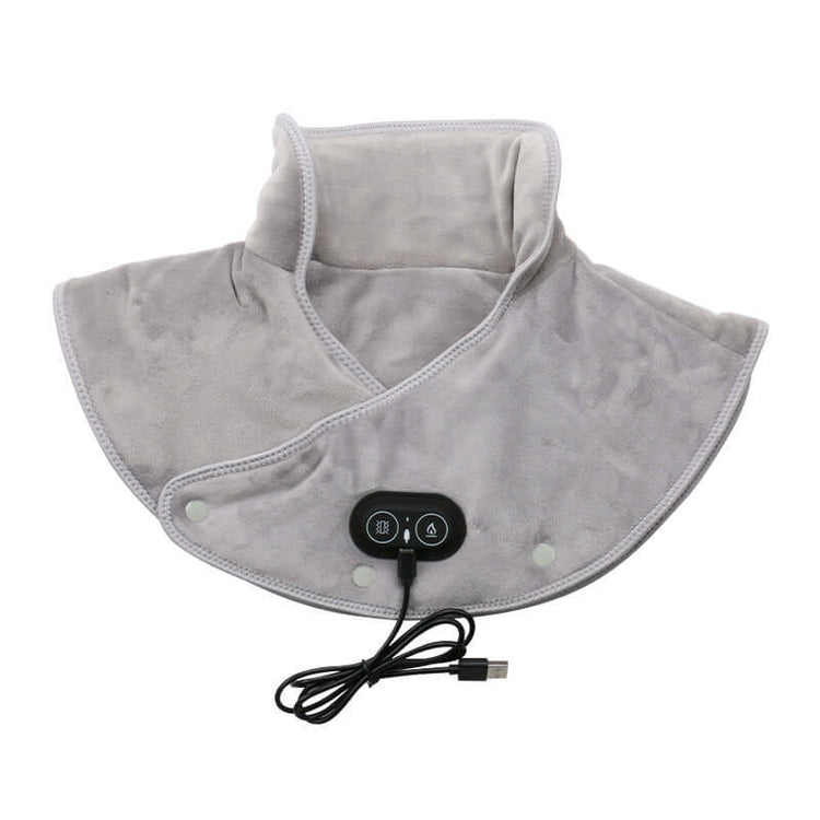 Electric Heated Neck & Shoulder Wrap providing warmth and relief, featuring a soft grey material with an attached USB control.