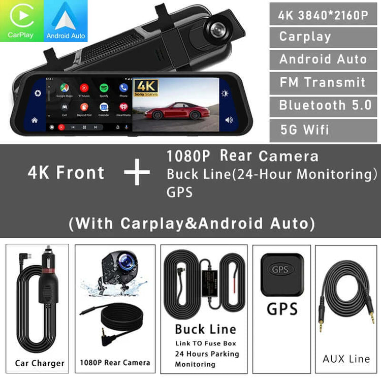 Dash Cam Mirror Screen in 4K resolution with rear camera, GPS, and connectivity features like CarPlay and Android Auto.