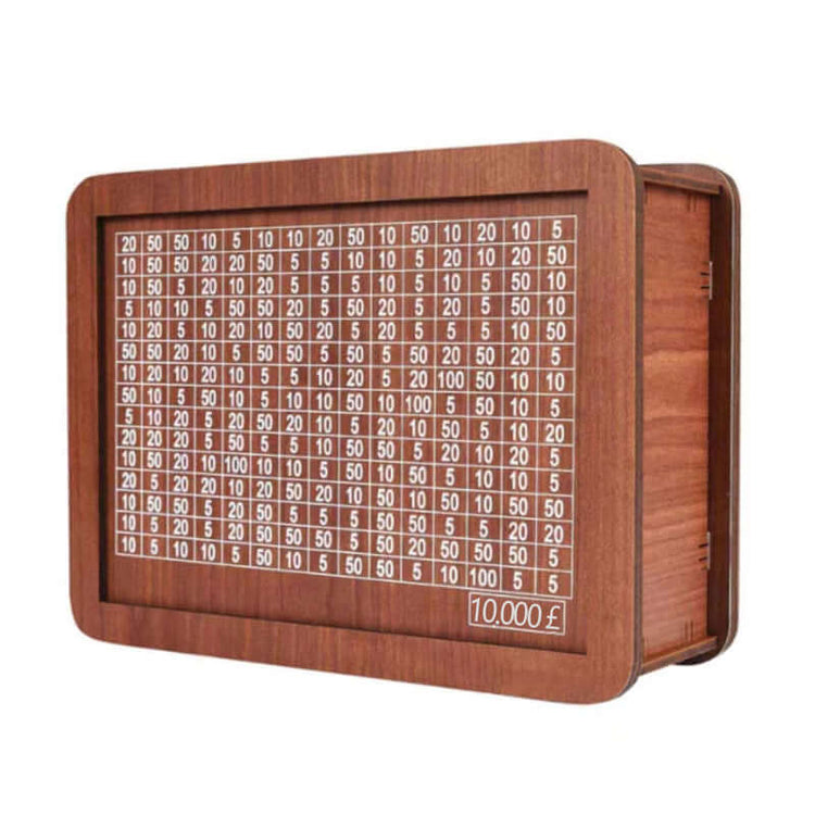 Money Saving Challenge Box with grid for tracking savings goals and spare cash collection