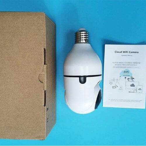4MP Smart Bulb Camera with packaging and manual, installs in standard E27 socket for discreet security.
