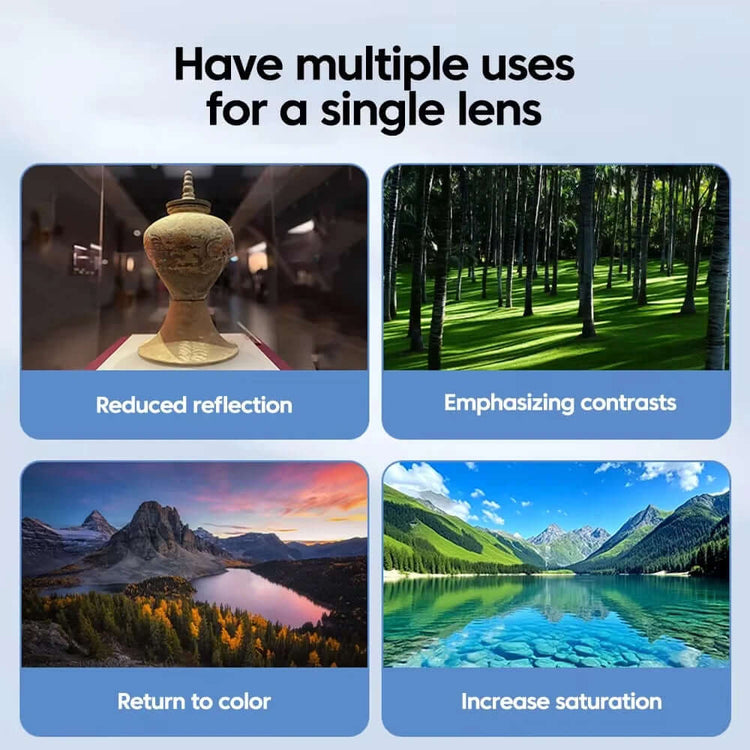 52mm Phone Lens Filter showcasing multiple uses: reduce reflection, emphasize contrasts, return color, increase saturation.