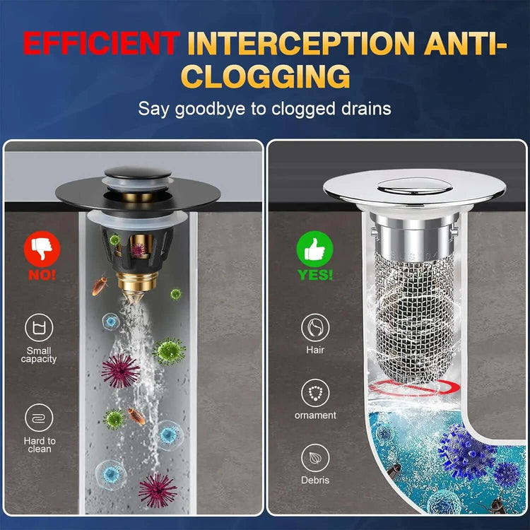 Comparison of a standard drain and the Sink Drain Stopper & Strainer preventing debris and clogging, showing efficient interception.