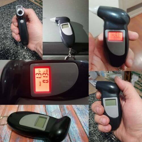 Portable Breath Alcohol Tester with digital display showing alcohol levels, compact design for easy portability and clear results.