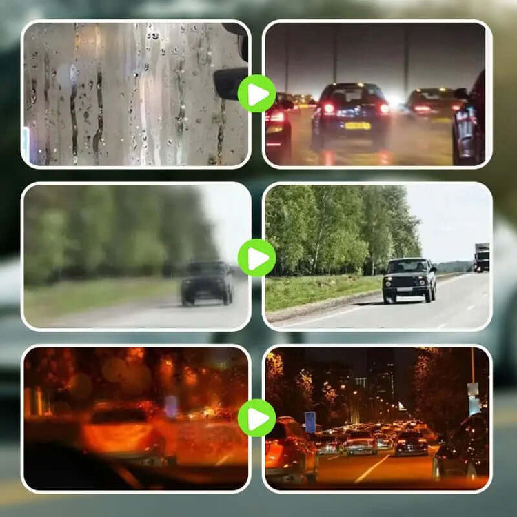 Green Oil Film Wipe – showing clarity from foggy to clear glass conditions on various roads.