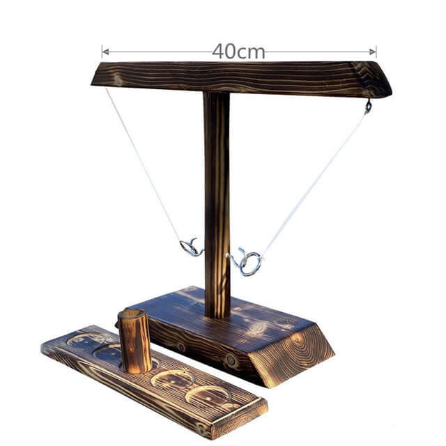 Ring Toss Hook Game setup with hooks and wooden base, ideal for parties and fast-paced fun, measures 40cm in width.