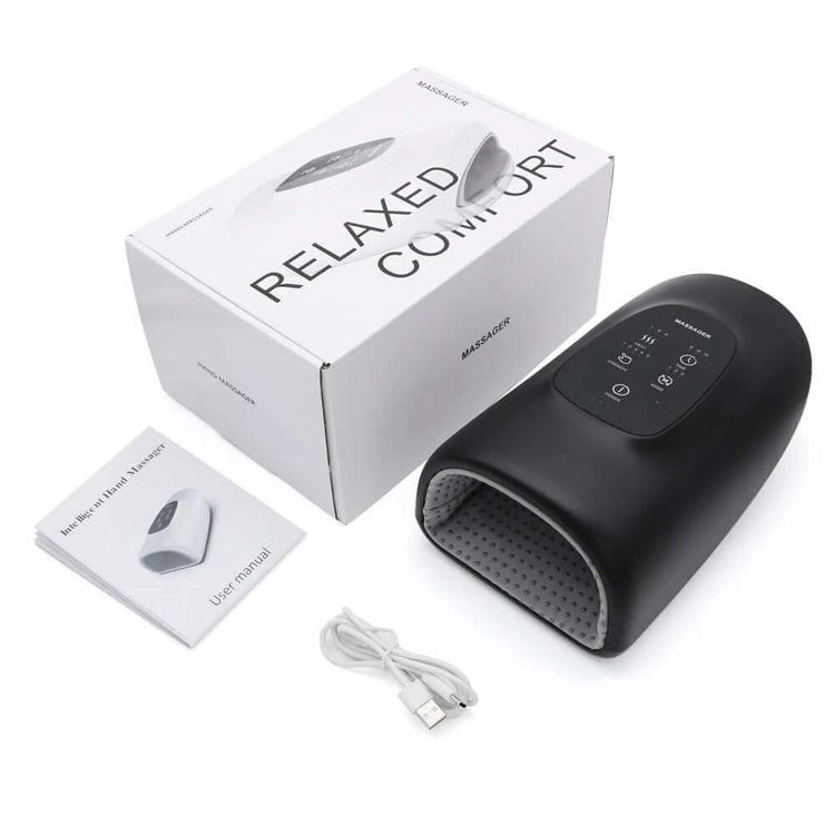 Wireless Electric Hand Massager with user manual and charging cable, providing spa-level relief.