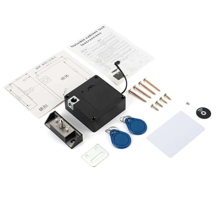 Smart Drawer Lock parts including installation guide, locking mechanism, keys, and accessories for securing valuables.