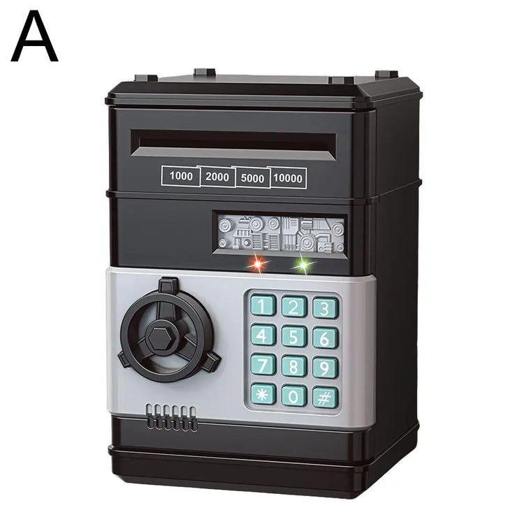 Kids Digital Safe Money Bank with keypad, auto-bill roll slot, and LED lights for saving money fun.