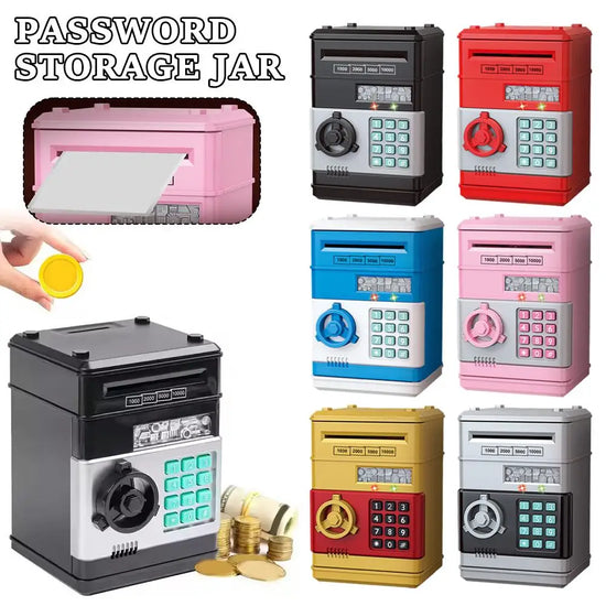 Kids Digital Safe Money Bank in various colors showing automatic bill roll and password lock features