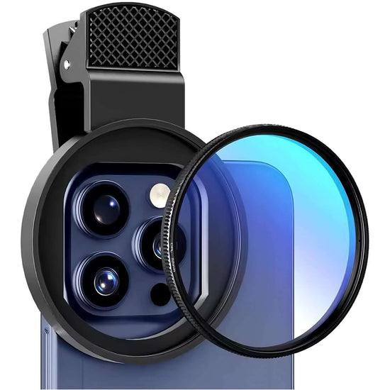 52mm Phone Lens Filter attached to smartphone camera to reduce glare and enhance color for clearer photos.