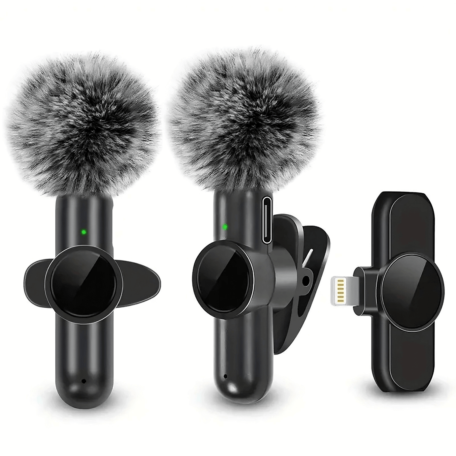 Wireless Lavalier Microphone with windscreen and accessories for optimal audio quality.