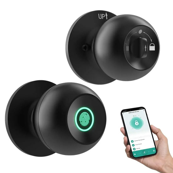 Keyless Smart Knob with App Control featuring fingerprint access and smartphone interface.