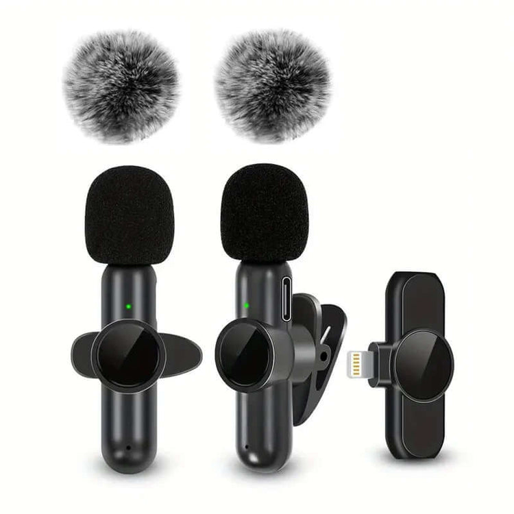 Wireless Lavalier Microphone set with furry windshields for crystal-clear audio on mobile devices.
