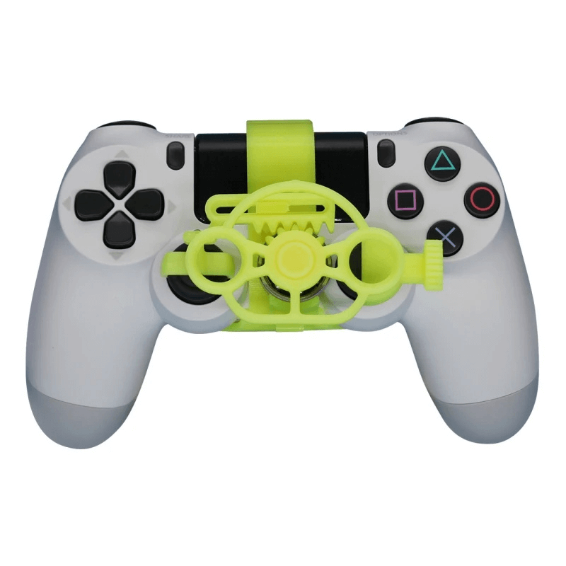 Mini Steering Wheel Game Controller Attachment on a PS4 controller for enhanced gaming experience.