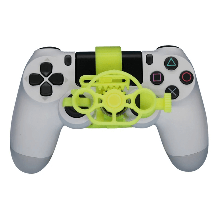 Mini Steering Wheel Game Controller Attachment on a PS4 controller for enhanced gaming experience.