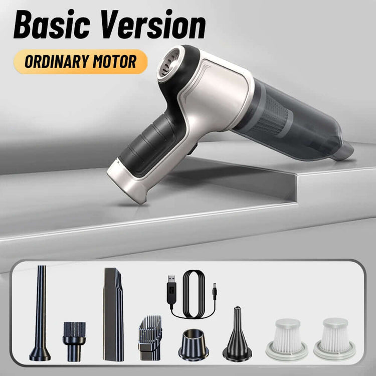 Car Vacuum Cleaner & Blower with various attachments on a surface, showcasing its basic version and ordinary motor.
