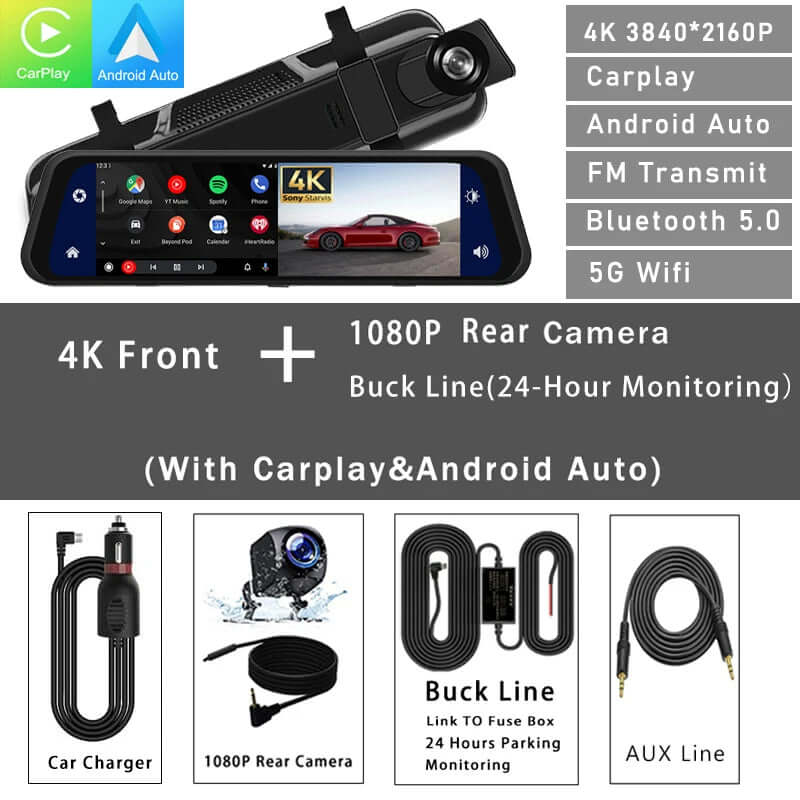 Dash Cam Mirror Screen showcasing 4K front and 1080P rear camera with Carplay and Android Auto features.