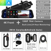 Dash Cam Mirror Screen showcasing 4K front and 1080P rear camera with Carplay and Android Auto features.
