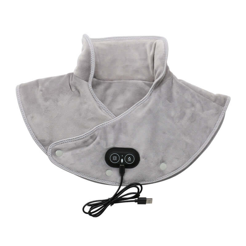 Electric Heated Neck & Shoulder Wrap providing warmth and relief, featuring a soft grey material with an attached USB control.