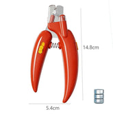 Pet Nail Clipper with Led Light featuring red ergonomic handle and size dimensions, ideal for safe and stress-free pet grooming.