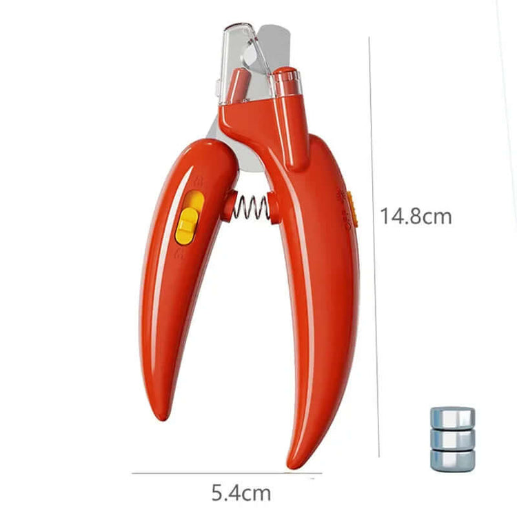 Pet Nail Clipper with Led Light featuring red ergonomic handle and size dimensions, ideal for safe and stress-free pet grooming.