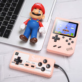 Retro Mini Handheld Game Console with attached controller and toy on a desk, showcasing a nostalgic gaming display.
