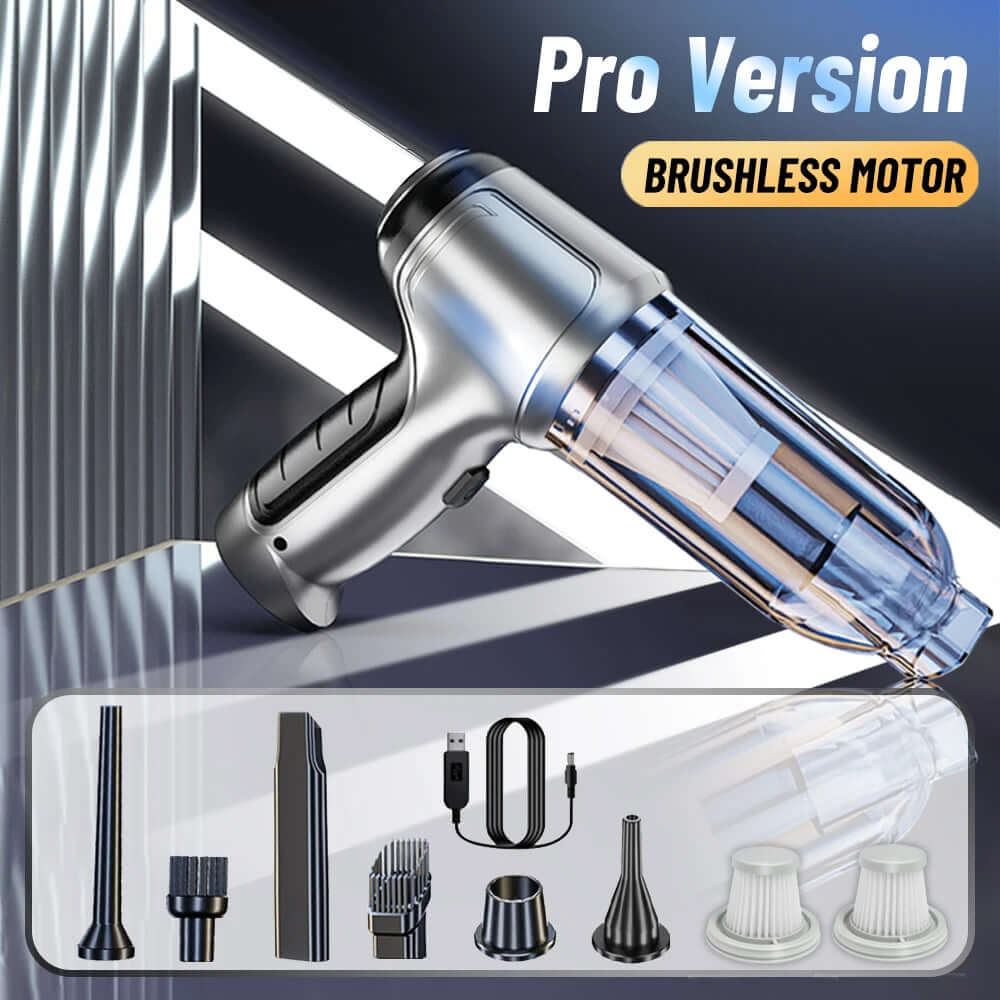 Car Vacuum Cleaner & Blower – Pro version with brushless motor and included attachments for superior cleaning performance.
