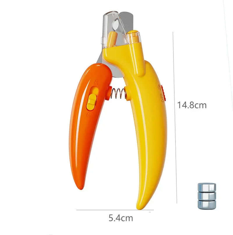 Pet Nail Clipper with Led Light - Safe orange and yellow grooming tool with measurements, ideal for stress-free pet care.