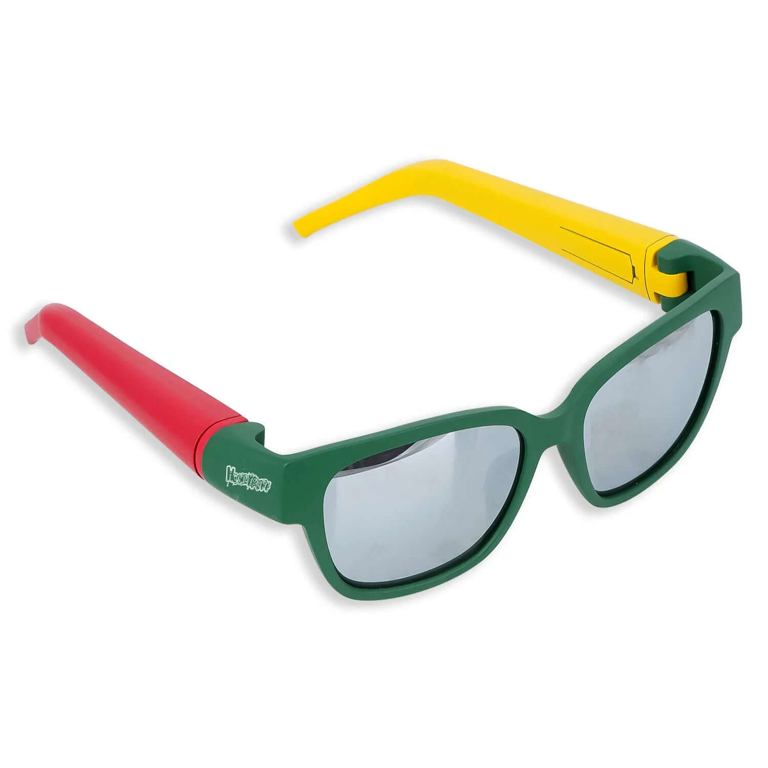 Hidden Storage Sunglasses with colorful arms for discreet storage; green frame, red and yellow arms.