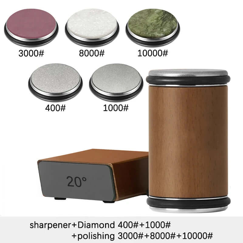Rolling Knife Sharpener featuring a smooth wooden body and interchangeable diamond sharpening stones with various grit levels.