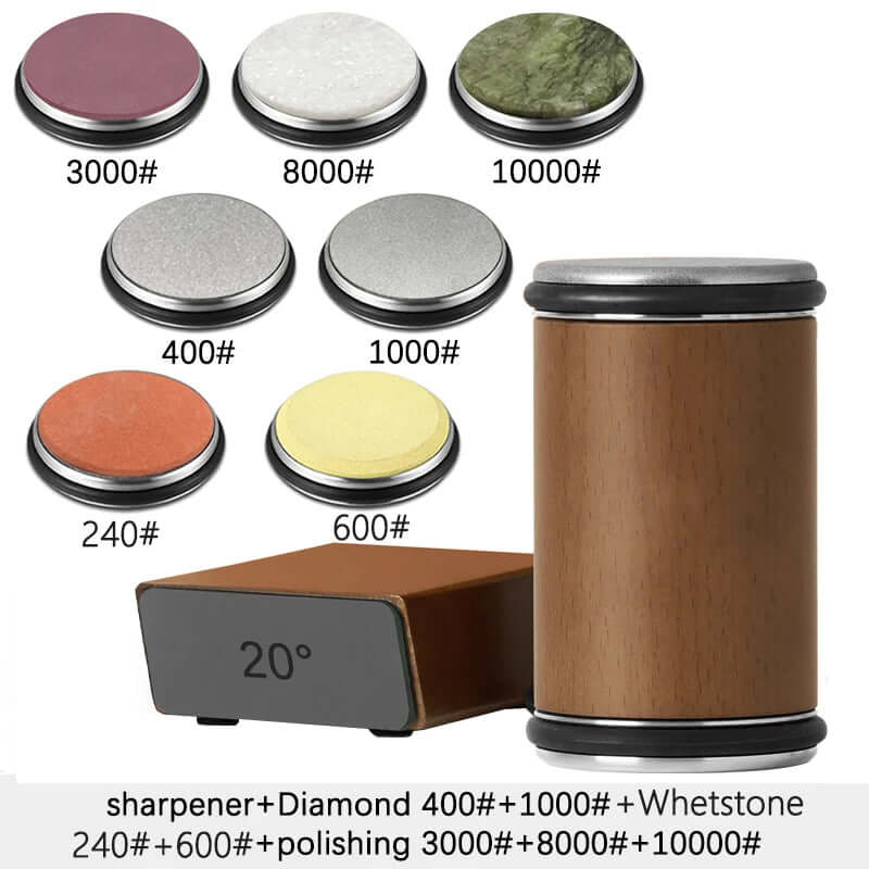 Rolling Knife Sharpener with various sharpening stones including 240