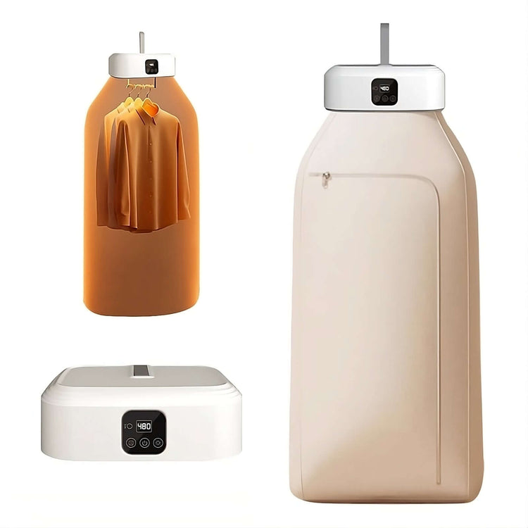 Electric Travel Clothes Dryer showcasing compact design with clothes hanging inside for fast drying anywhere.