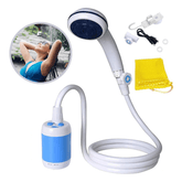 Portable Camping Shower Set with showerhead, pump, and accessories for a hot shower outdoors.