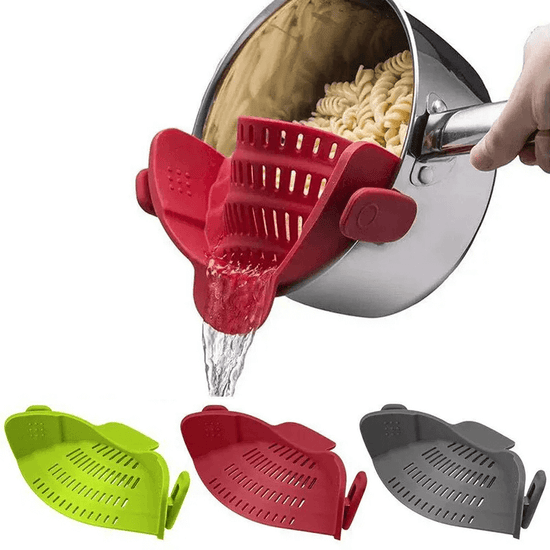 Clip On Silicone Pot Strainer draining pasta from a pot with three color options displayed