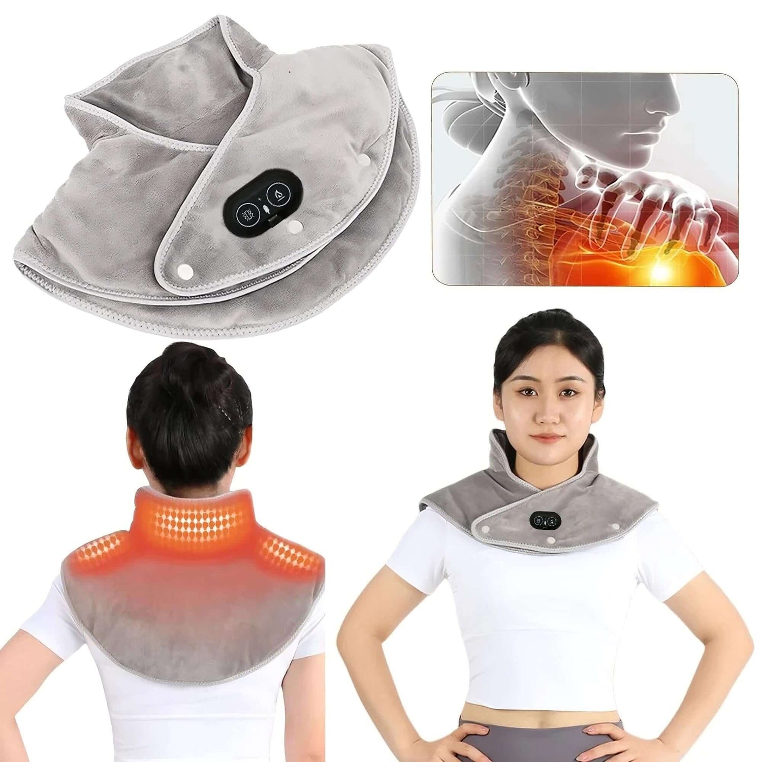 Electric Heated Neck & Shoulder Wrap for warmth and pain relief, featuring adjustable settings and comfortable fit. Ideal for neck tension.