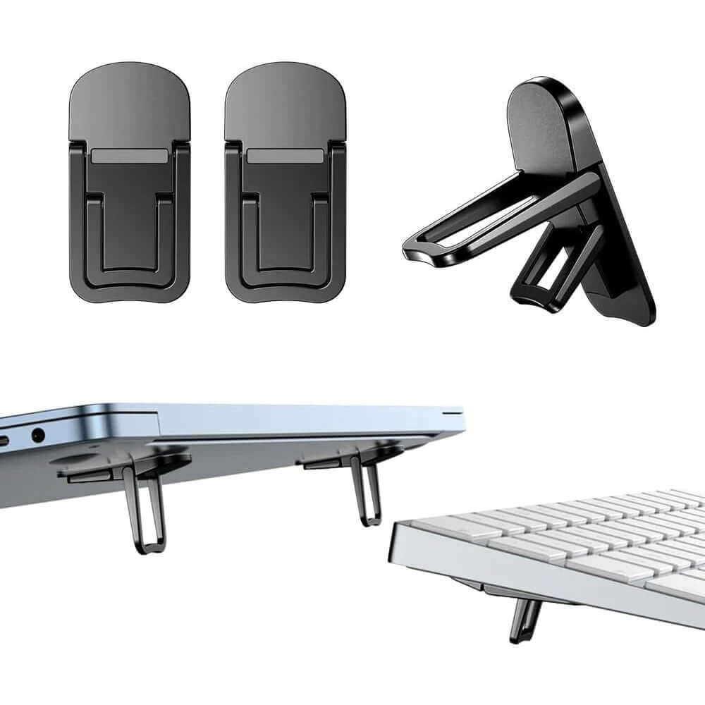 Laptop Stand accessories including clips and support, showcasing the Ultra-Slim Zinc Alloy design.