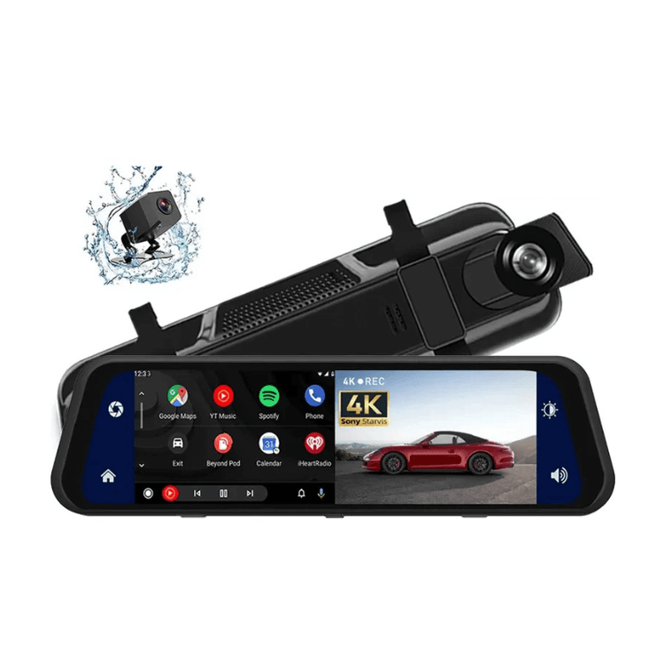 Dash Cam Mirror Screen showing 4K display and rearview camera, enhancing driving safety and recording capabilities.