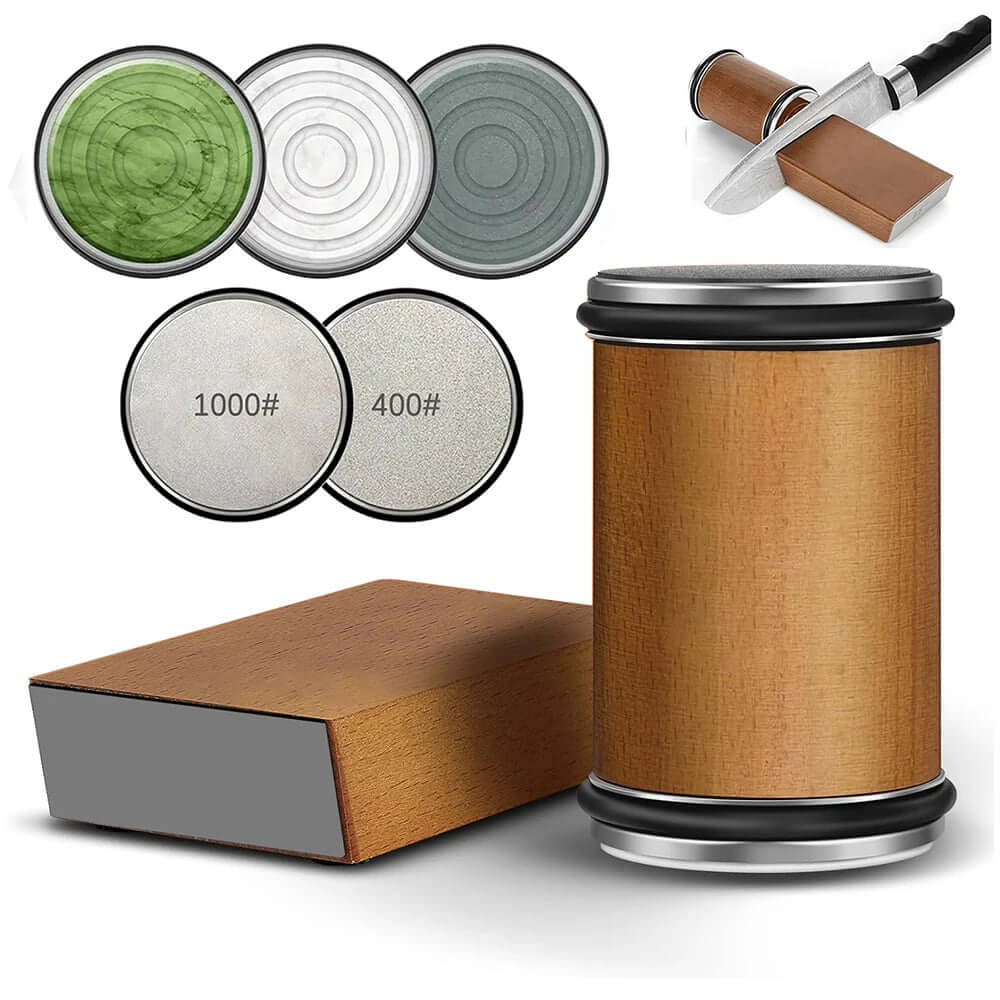 Rolling Knife Sharpener including dual-angle stones and a beech wood body for professional-grade kitchen sharpening.
