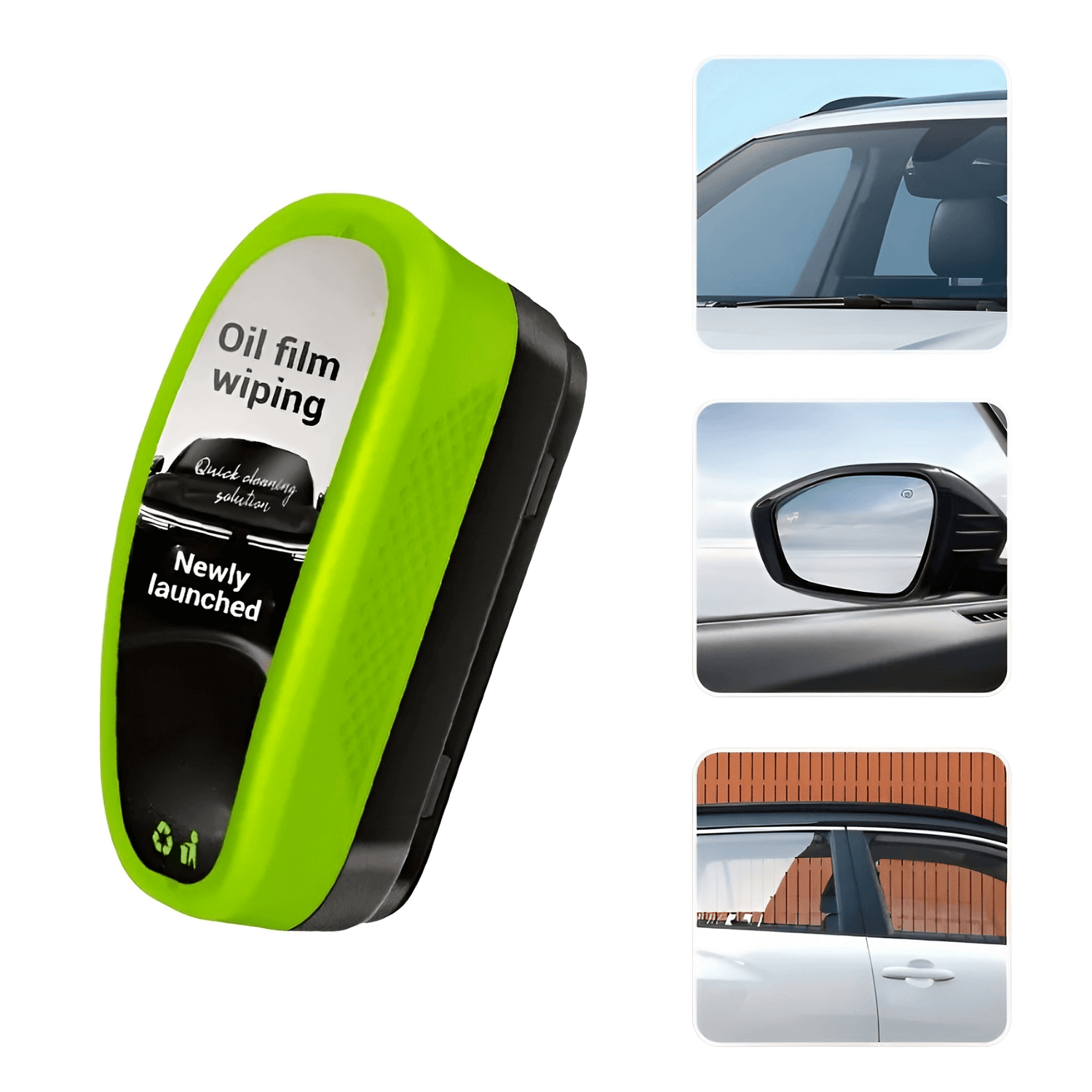 Green Oil Film Wipe for quick cleaning and crystal clear glass, ideal for cars and windows.