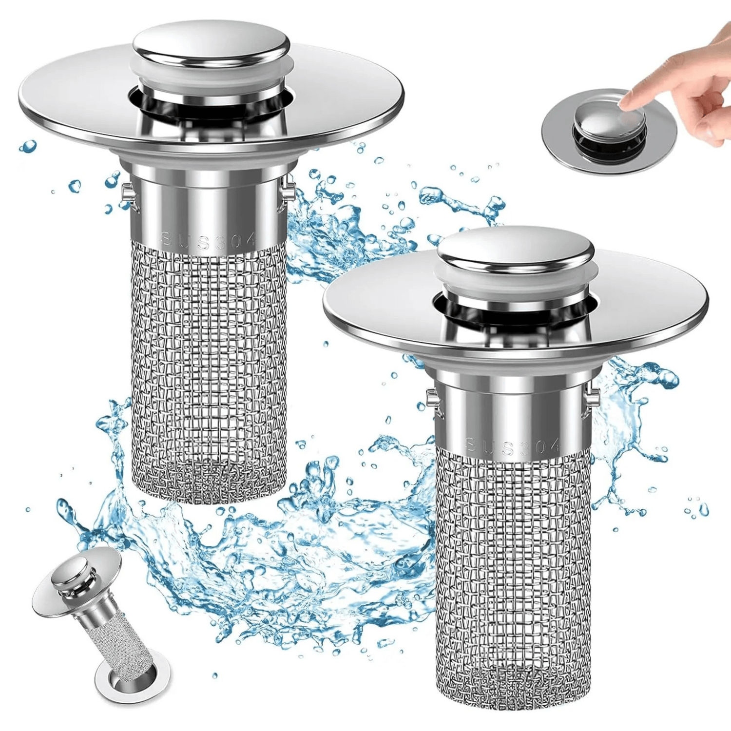 Sink Drain Stopper & Strainer with water splash background, preventing clogs effectively.