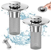 Sink Drain Stopper & Strainer with water splash background, preventing clogs effectively.