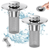 Sink Drain Stopper & Strainer with water splash background, preventing clogs effectively.