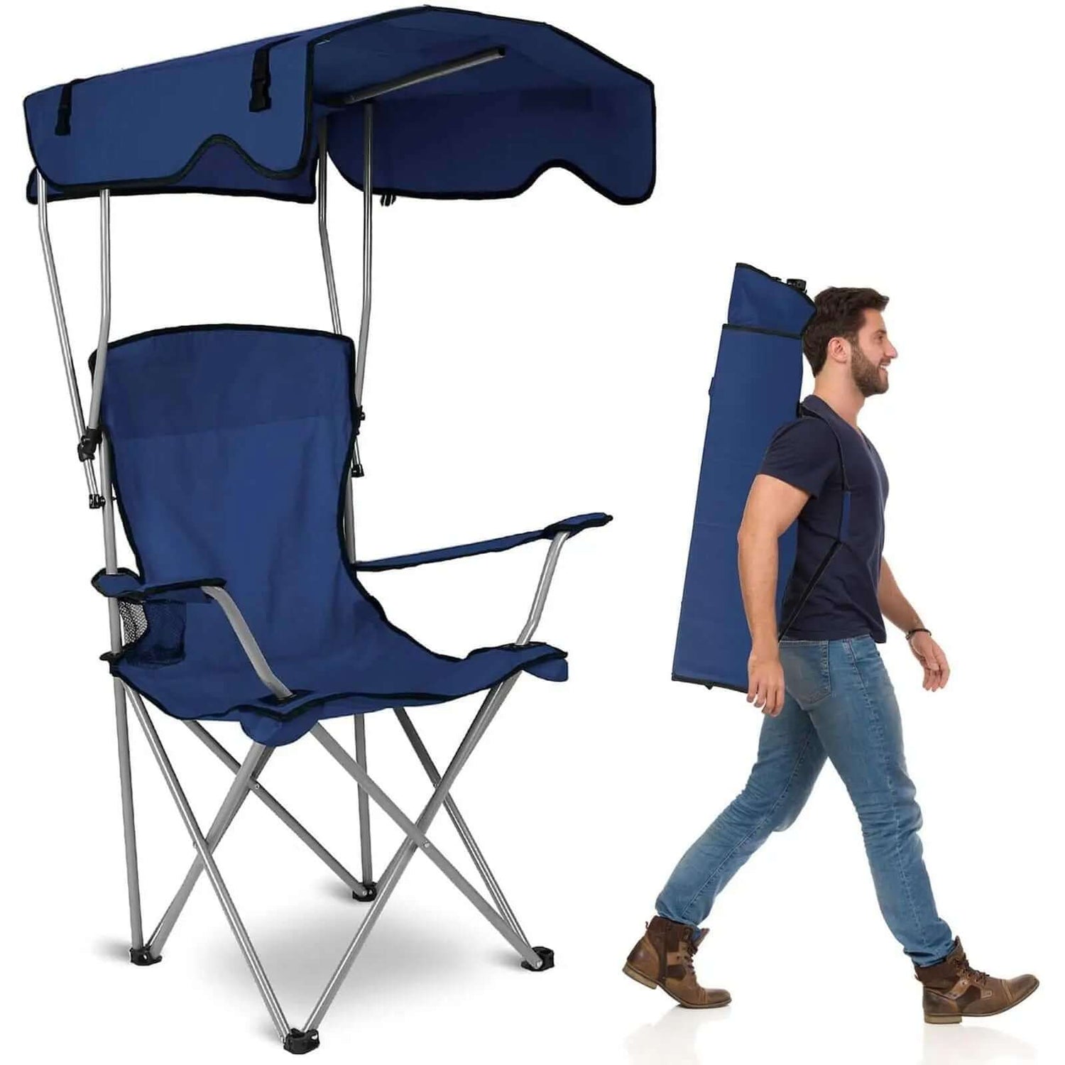 Camping Chair with Canopy featuring a foldable design and a man carrying it for easy transport.