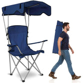 Camping Chair with Canopy featuring a foldable design and a man carrying it for easy transport.