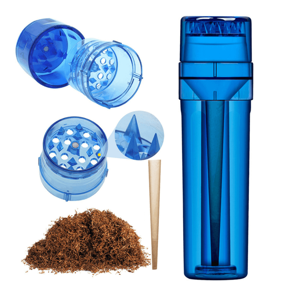All in One Tobacco Grinder in blue color with parts and shredded tobacco displayed.