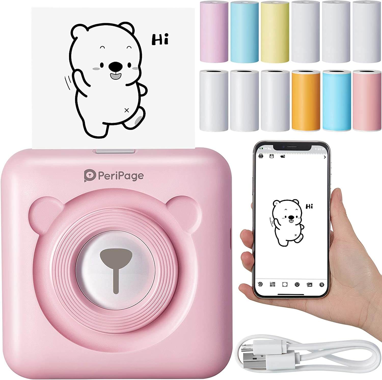 PeriPage Pocket Printer in pink with phone app, showing printed cartoon. Includes colorful thermal paper rolls and USB cable.