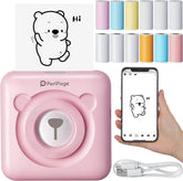 PeriPage Pocket Printer in pink with phone app, showing printed cartoon. Includes colorful thermal paper rolls and USB cable.