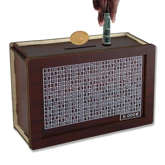 Money Saving Challenge Box for turning spare change into big savings goals, wooden box with grid numbers, coin and cash deposit.