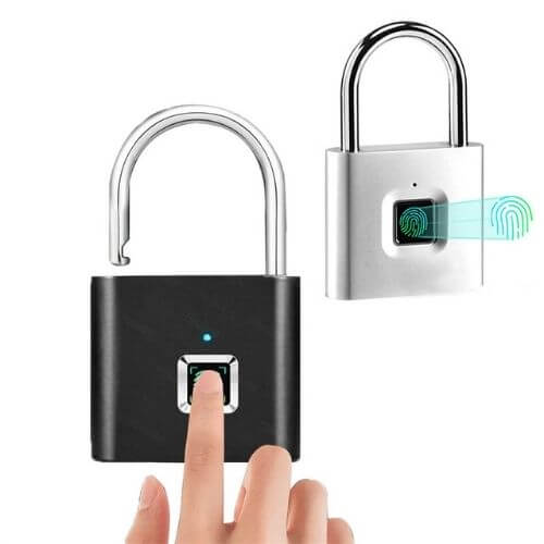 Smart Fingerprint Padlock with one-touch access, no keys required. Secure and modern black and silver design.