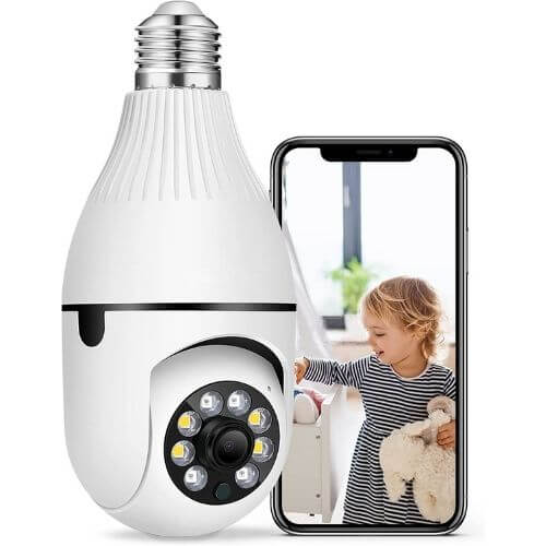 4MP Smart Bulb Camera shown with smartphone streaming video, fits E27 socket for seamless security and easy installation.